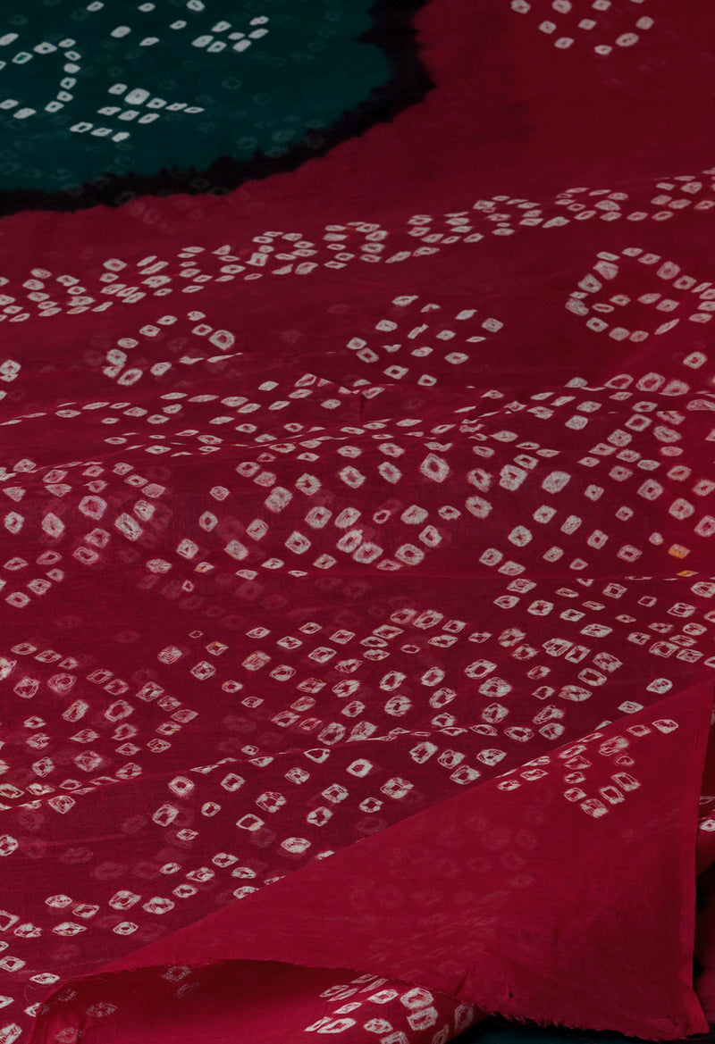 Dark Green-Maroon Pure  Bandhani Cotton Saree-UNM72646