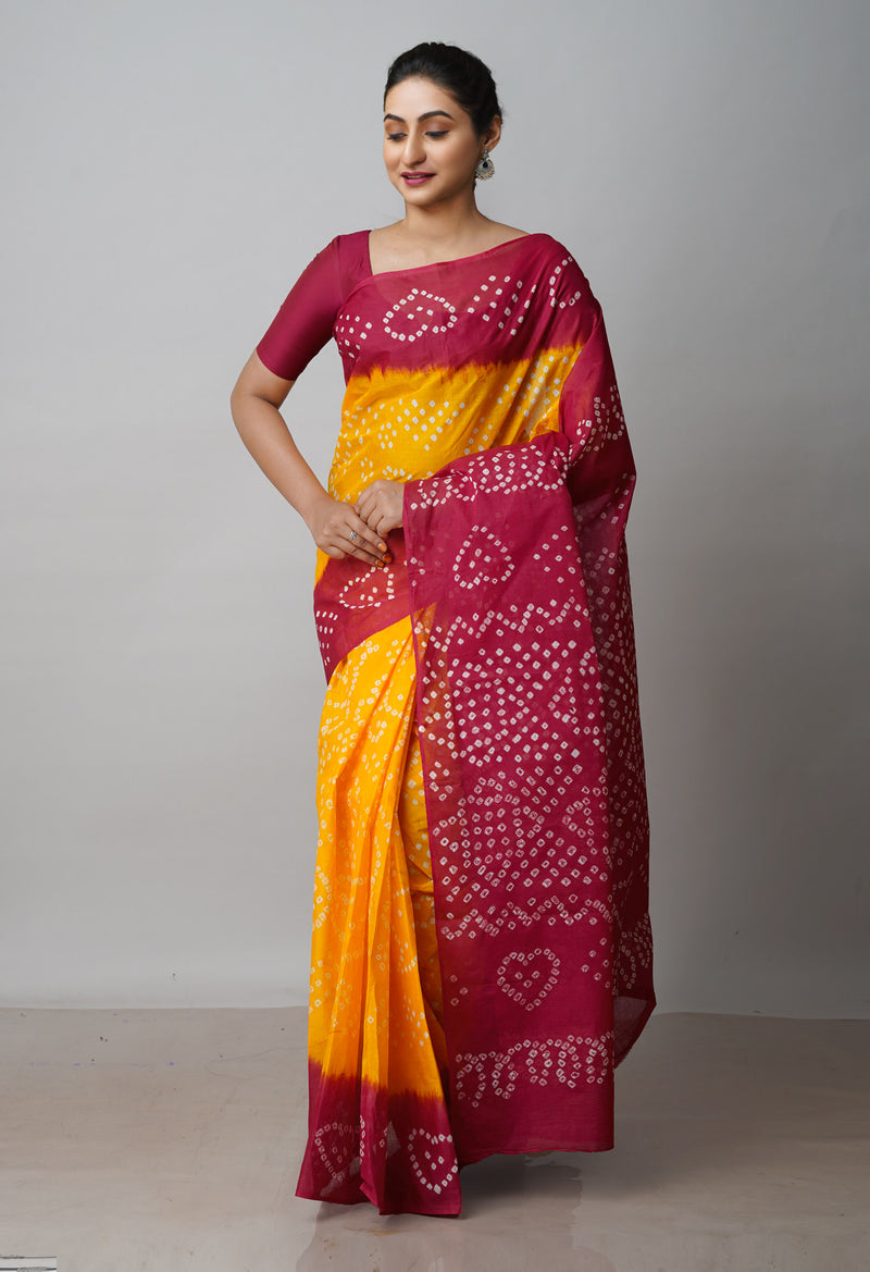 Yellow-Maroon Pure  Bandhani Cotton Saree-UNM72647