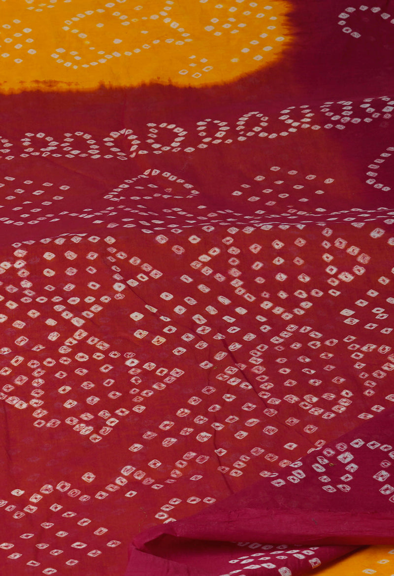 Yellow-Maroon Pure  Bandhani Cotton Saree-UNM72647