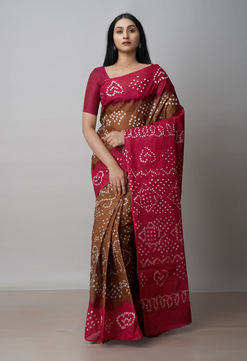Ecru Brown-Maroon Pure  Bandhani Cotton Saree-UNM72650