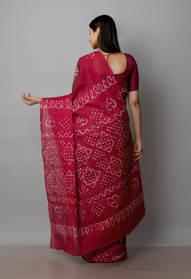 Ecru Brown-Maroon Pure  Bandhani Cotton Saree-UNM72650