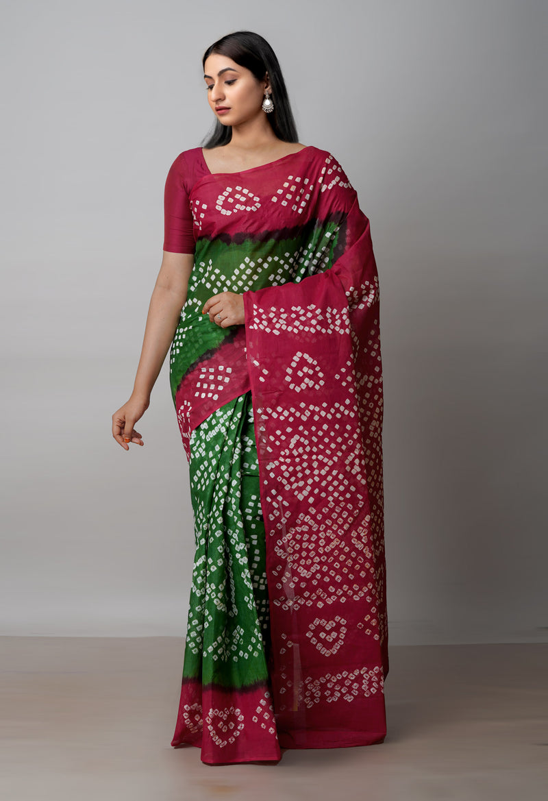Green-Maroon Pure  Bandhani Cotton Saree-UNM72652