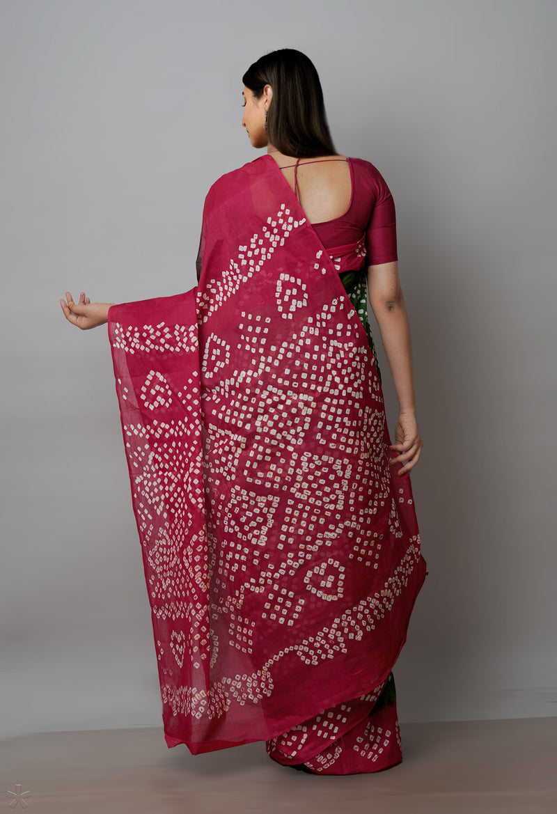 Green-Maroon Pure  Bandhani Cotton Saree-UNM72652