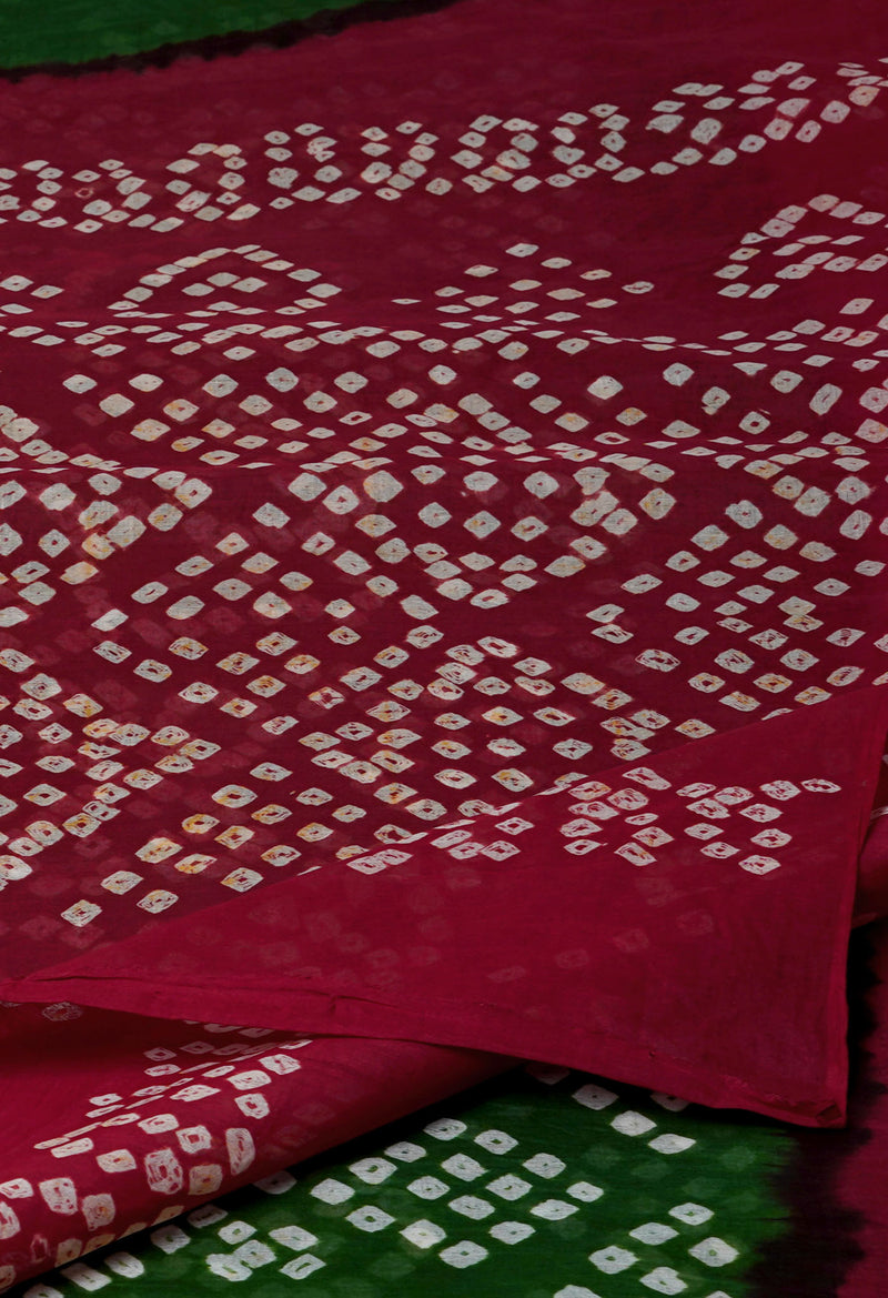 Green-Maroon Pure  Bandhani Cotton Saree-UNM72652