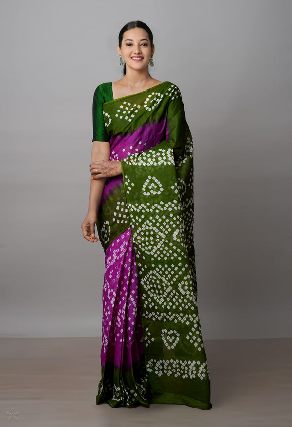 Purple-Olive Green Pure  Bandhani Cotton Saree-UNM72653