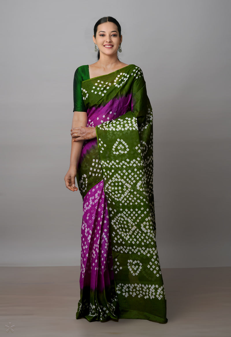 Purple-Olive Green Pure  Bandhani Cotton Saree-UNM72653