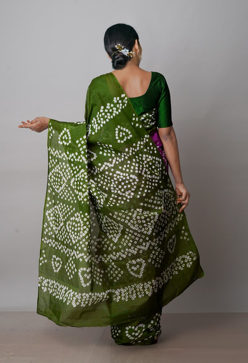 Purple-Olive Green Pure  Bandhani Cotton Saree-UNM72653