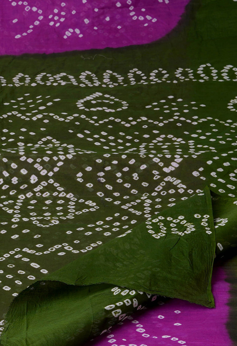 Purple-Olive Green Pure  Bandhani Cotton Saree-UNM72653