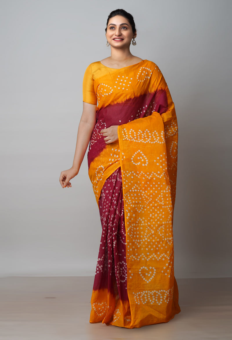Maroon-Yellow Pure  Bandhani Cotton Saree-UNM72654