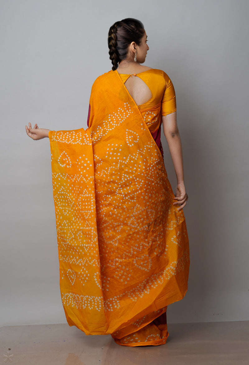 Maroon-Yellow Pure  Bandhani Cotton Saree-UNM72654