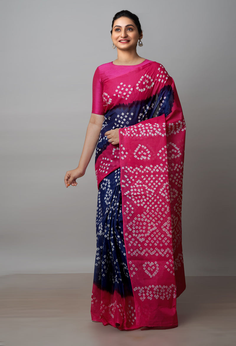 Navy Blue-Pink Pure  Bandhani Cotton Saree-UNM72655-DAMAGE