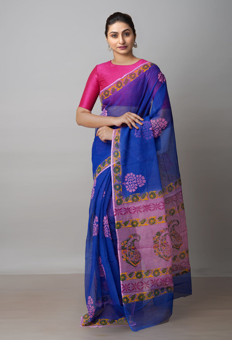 Dark Blue Pure  Dyed Printed Kota Cotton Saree-UNM72657