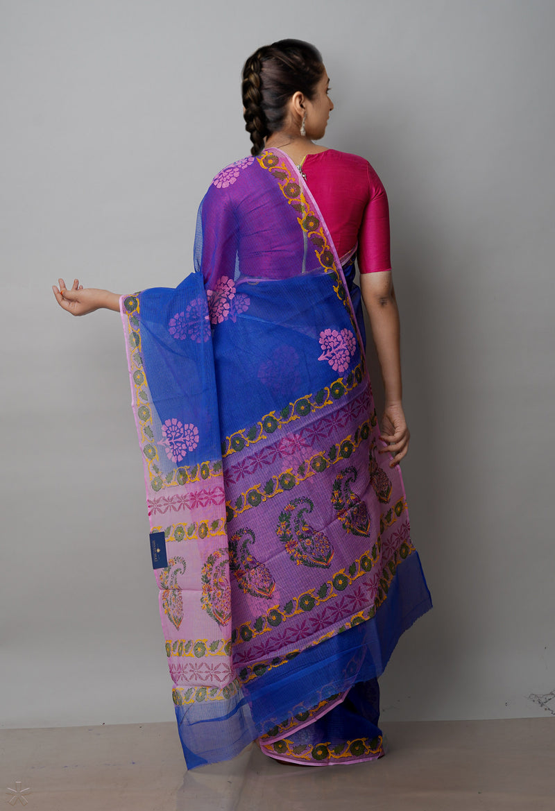Dark Blue Pure  Dyed Printed Kota Cotton Saree-UNM72657