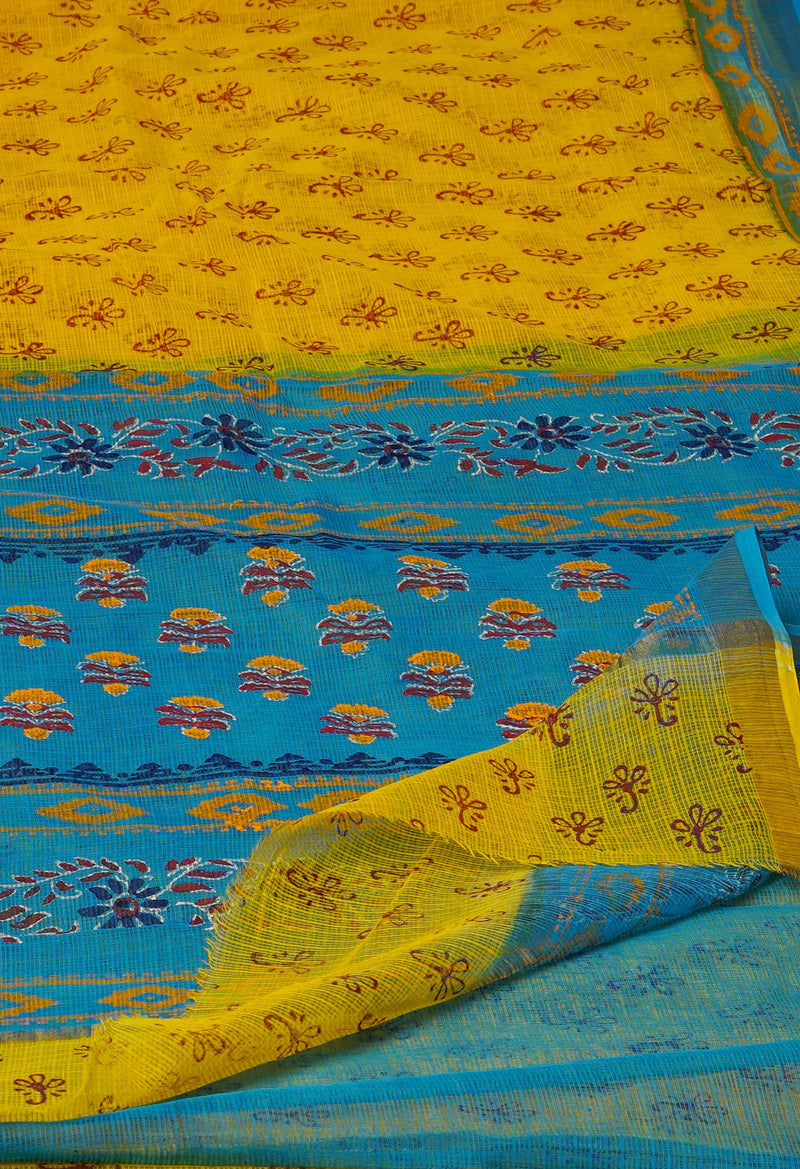 Yellow Pure  Dyed Printed Kota Cotton Saree-UNM72658
