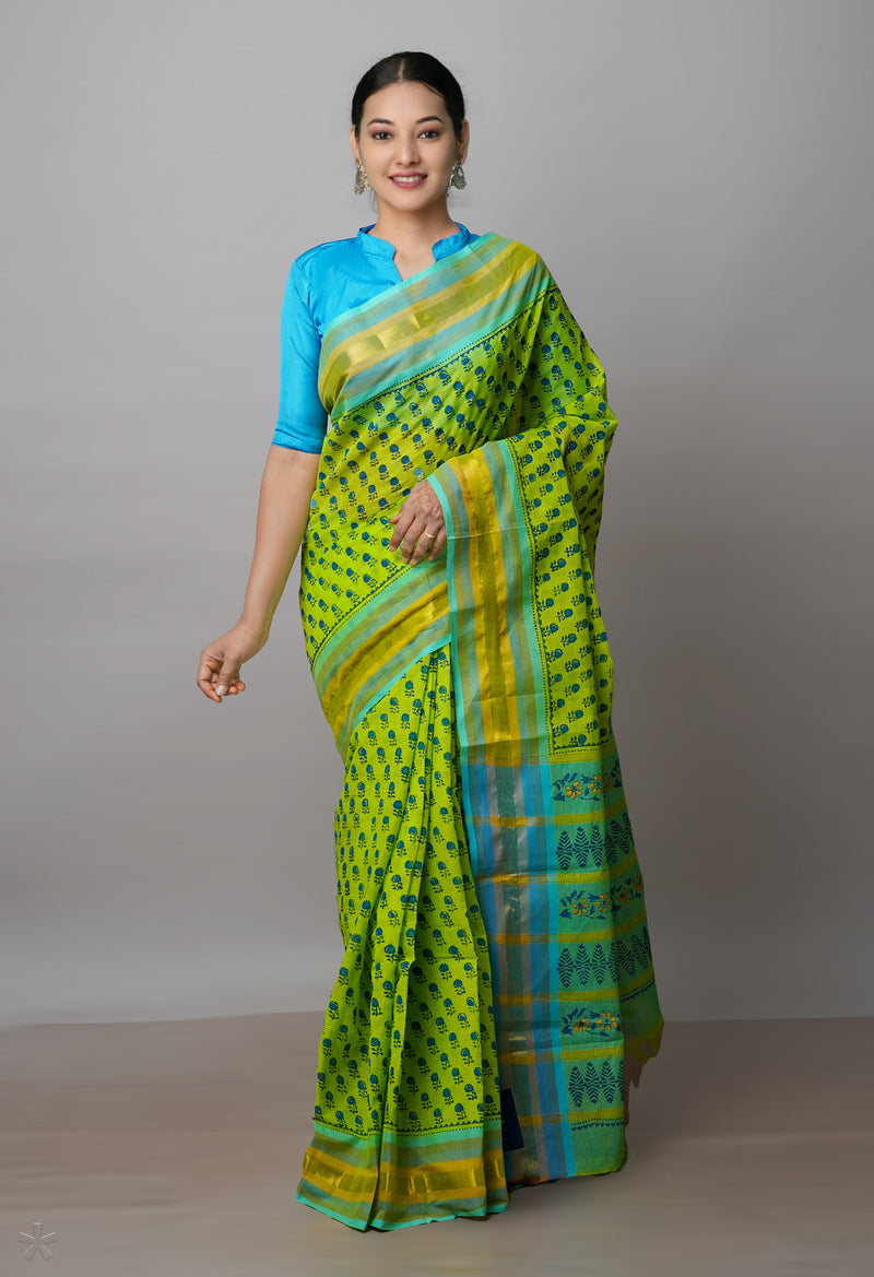 Parrot Green Pure  Dyed Printed Mangalagiri Cotton Saree-UNM72659