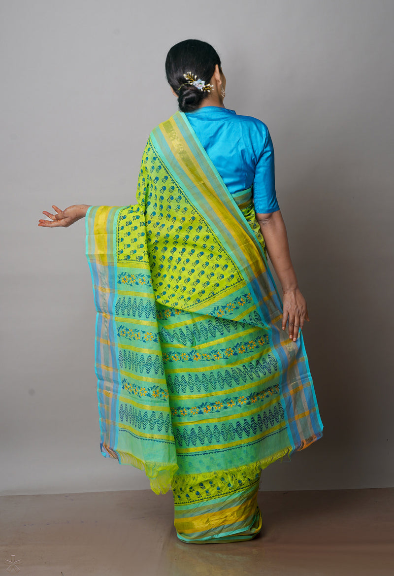 Parrot Green Pure  Dyed Printed Mangalagiri Cotton Saree-UNM72659