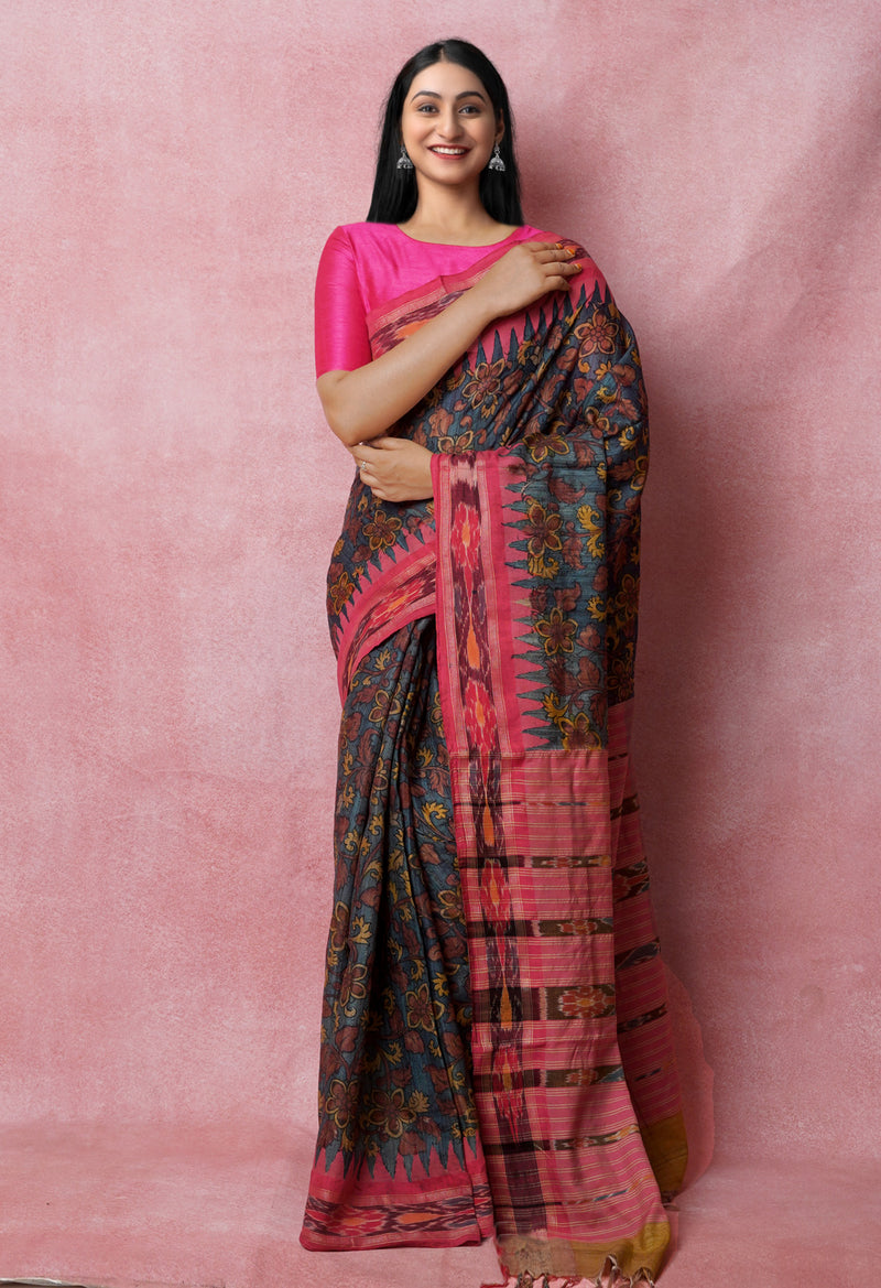 Blue Pure Handloom Pen Kalamkari Painting Gicha Tussar Jute Saree-UNM72676