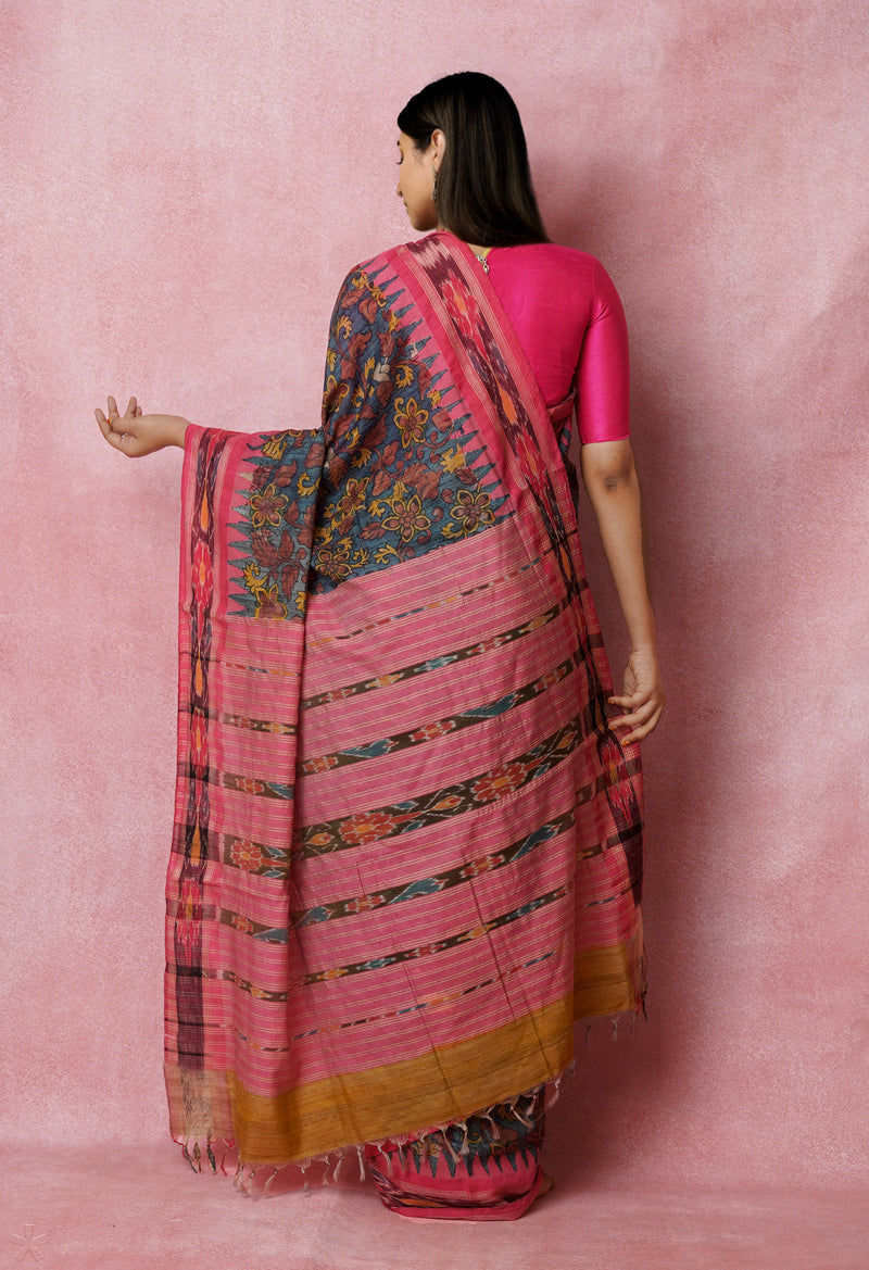 Blue Pure Handloom Pen Kalamkari Painting Gicha Tussar Jute Saree-UNM72676