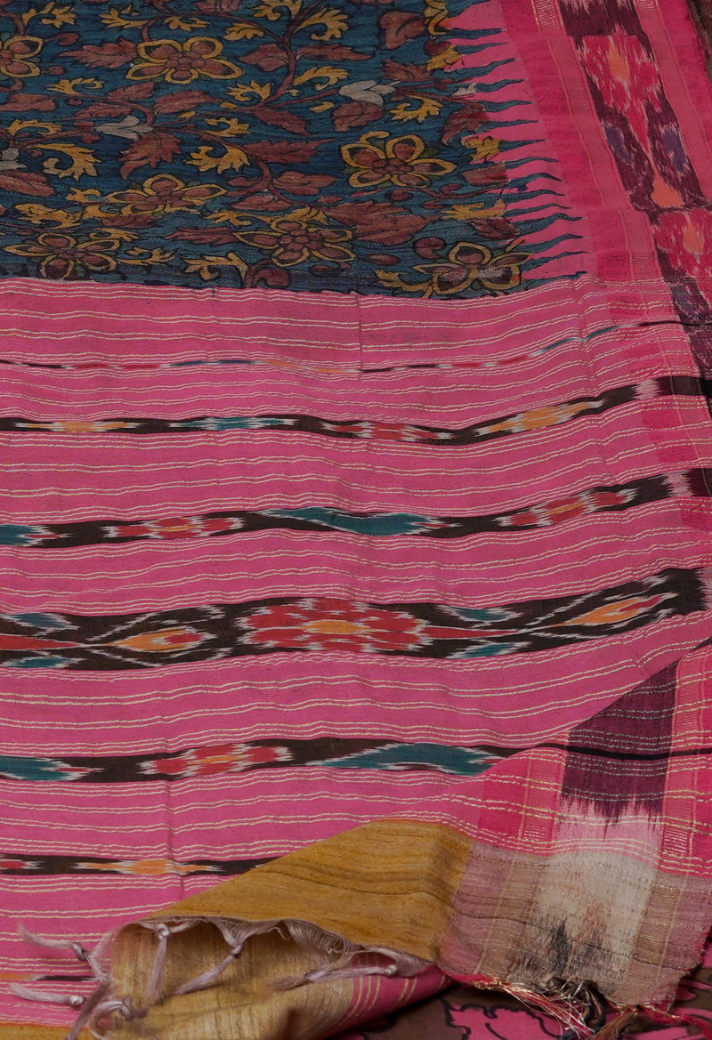 Blue Pure Handloom Pen Kalamkari Painting Gicha Tussar Jute Saree-UNM72676