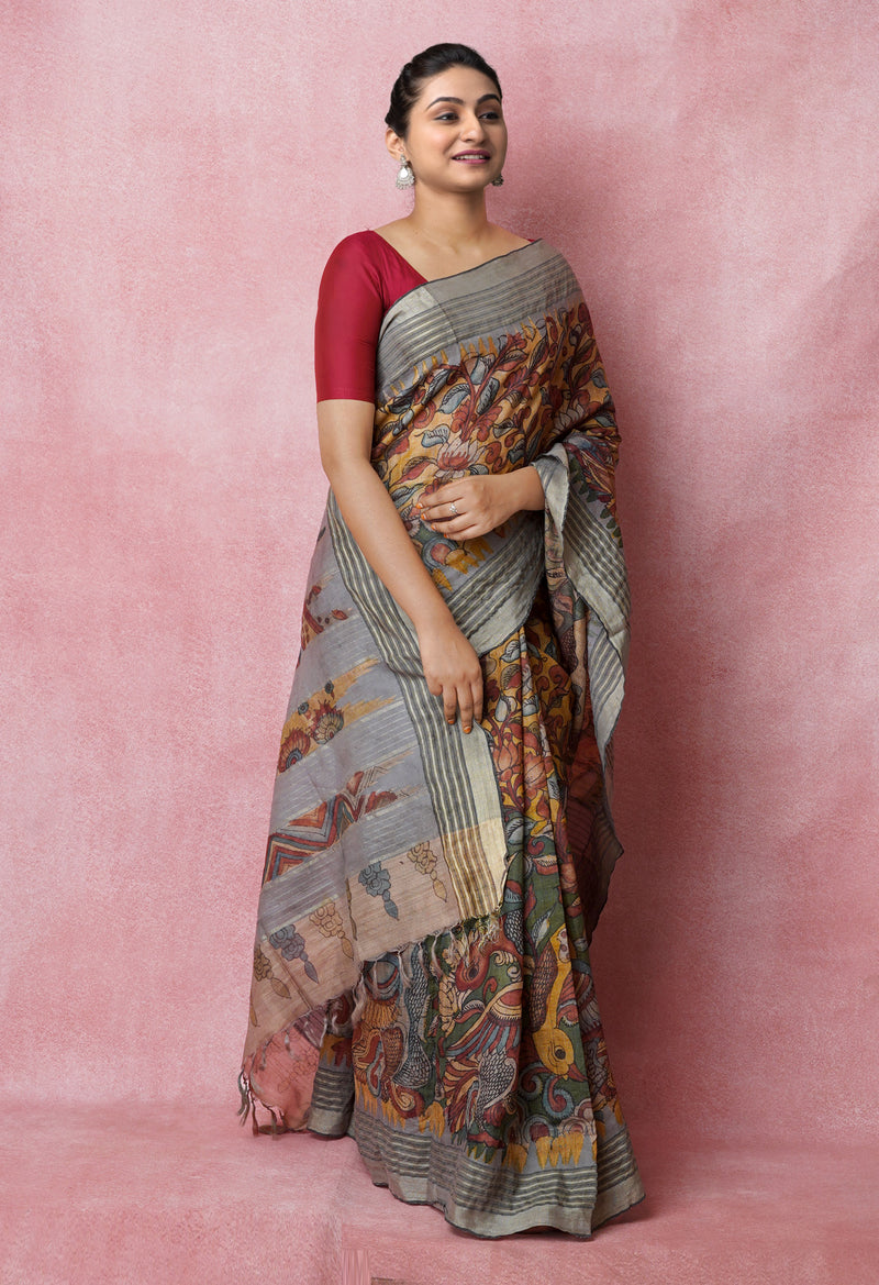 Green-Cream Pure Handloom Pen Kalamkari Painting Gicha Tussar Jute Saree-UNM72677