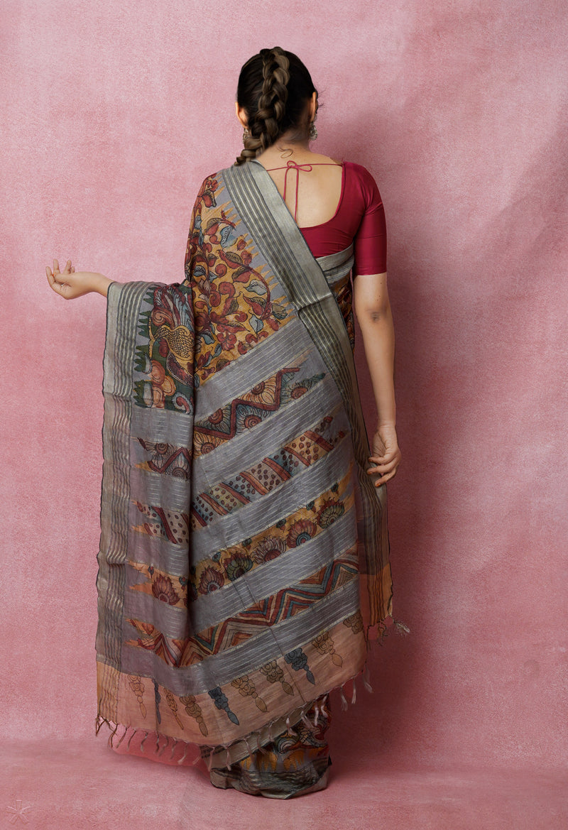 Green-Cream Pure Handloom Pen Kalamkari Painting Gicha Tussar Jute Saree-UNM72677