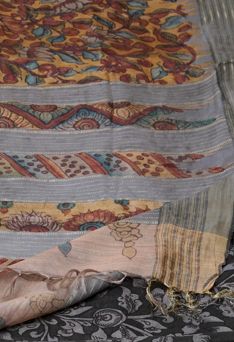Green-Cream Pure Handloom Pen Kalamkari Painting Gicha Tussar Jute Saree-UNM72677
