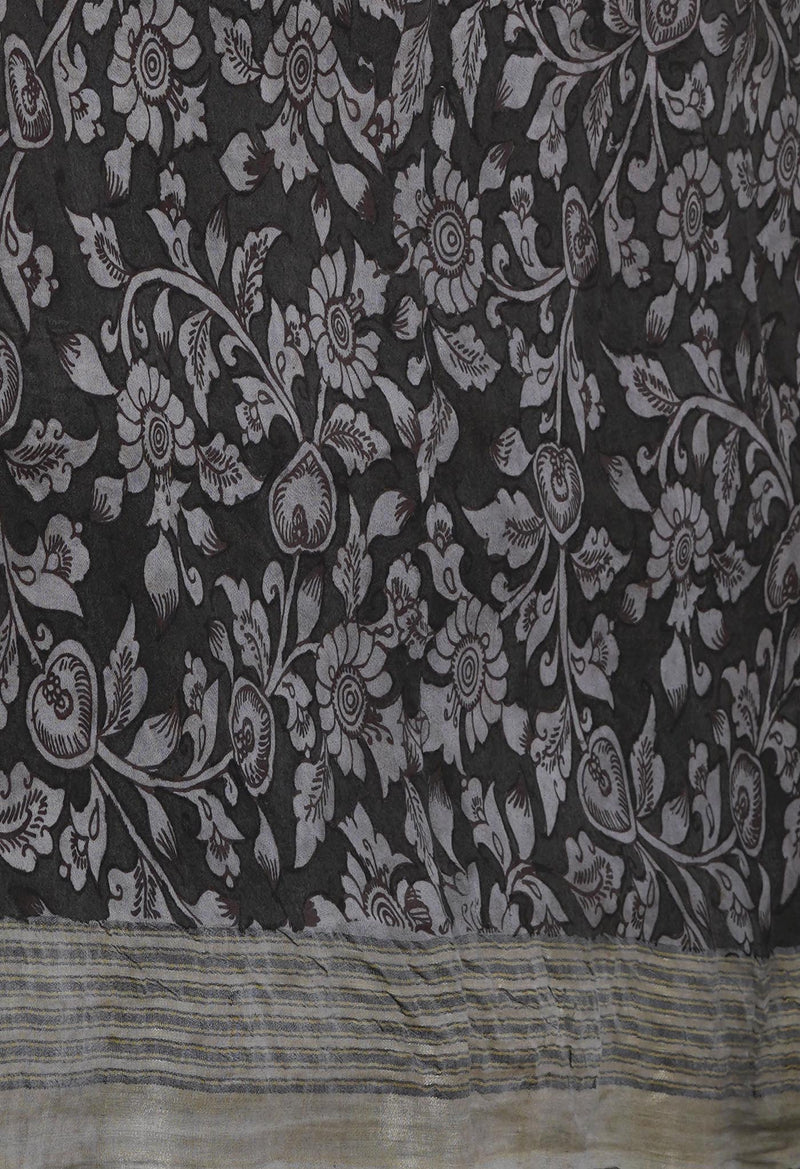 Green-Cream Pure Handloom Pen Kalamkari Painting Gicha Tussar Jute Saree-UNM72677