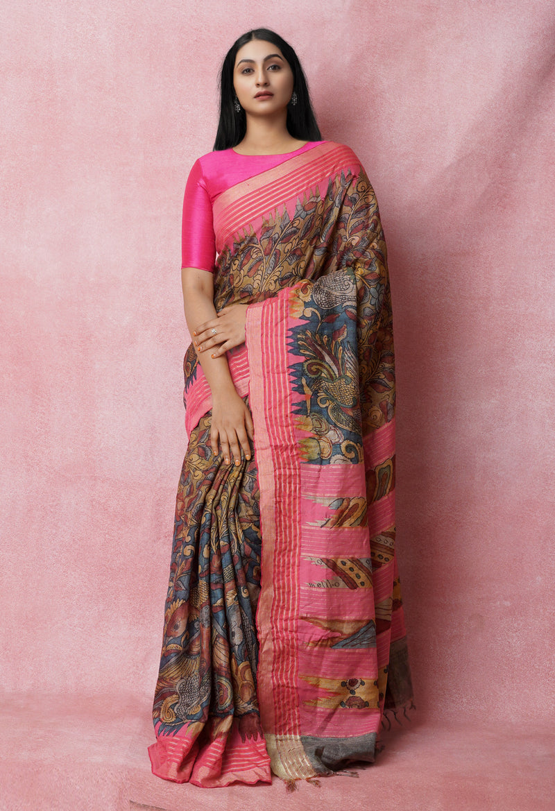 Blue Pure Handloom Pen Kalamkari Painting Gicha Tussar Jute Saree-UNM72679