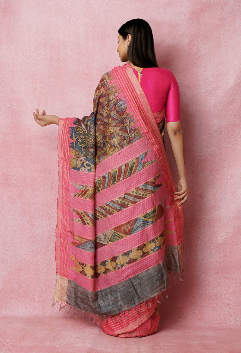 Blue Pure Handloom Pen Kalamkari Painting Gicha Tussar Jute Saree-UNM72679