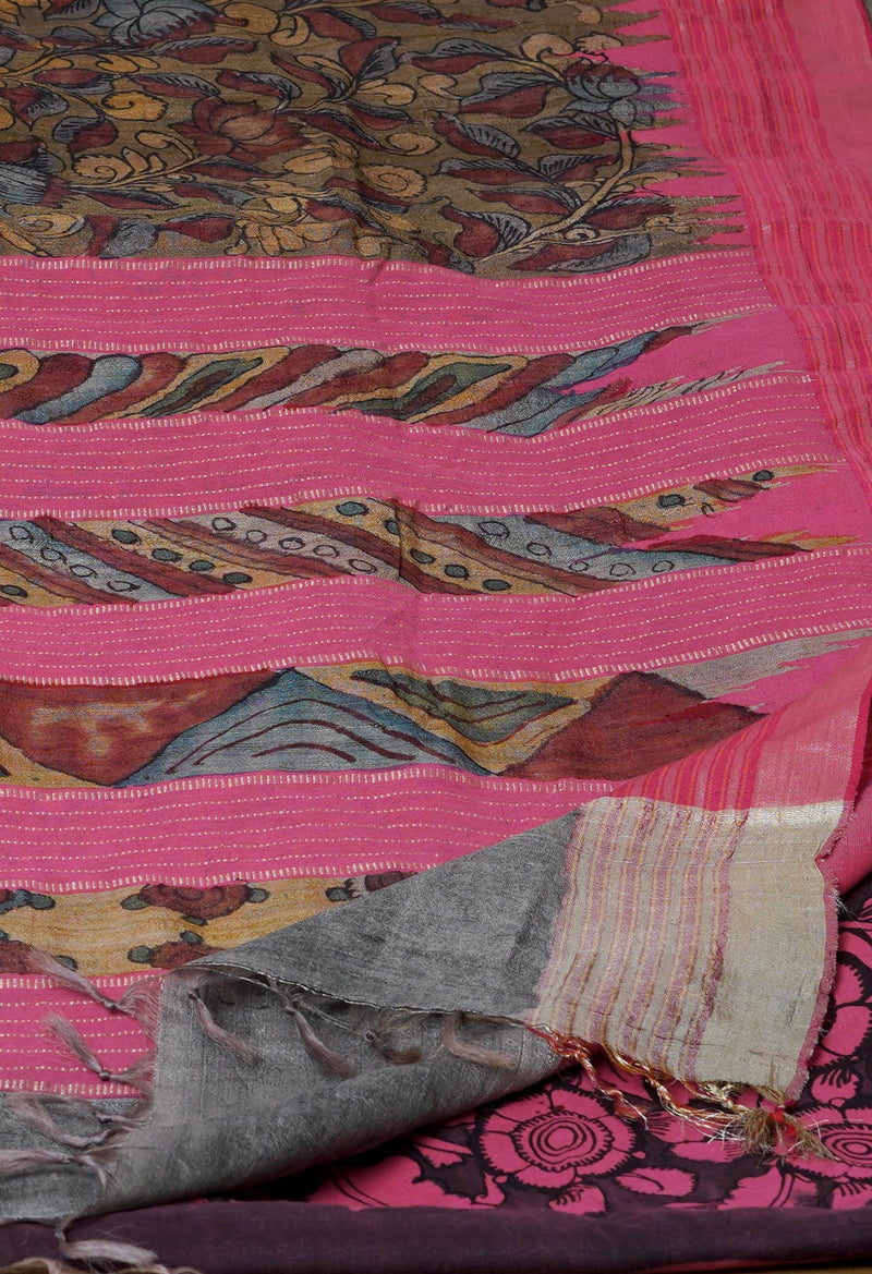 Blue Pure Handloom Pen Kalamkari Painting Gicha Tussar Jute Saree-UNM72679
