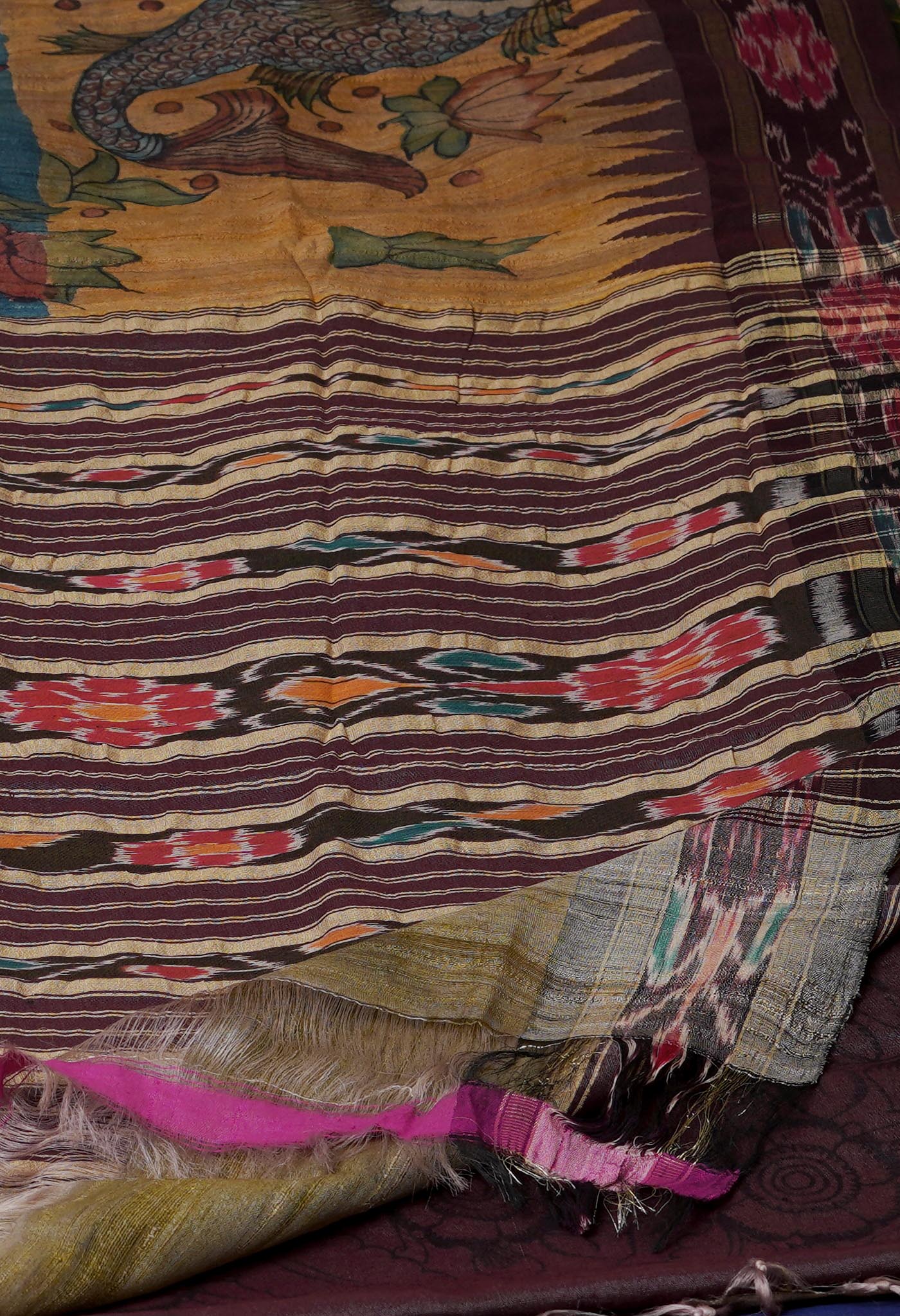 Bluish Grey Pure Handloom Pen Kalamkari Painting Gicha Tussar Jute Saree-UNM72680