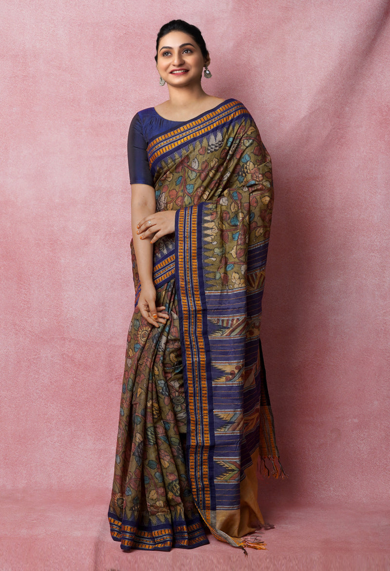 Green Pure Handloom Pen Kalamkari Painting Gicha Tussar Jute Saree-UNM72681
