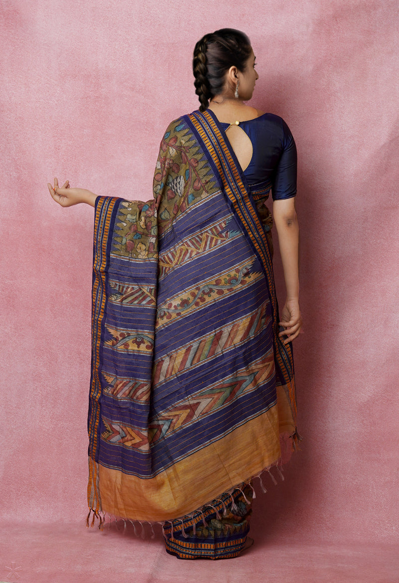 Green Pure Handloom Pen Kalamkari Painting Gicha Tussar Jute Saree-UNM72681