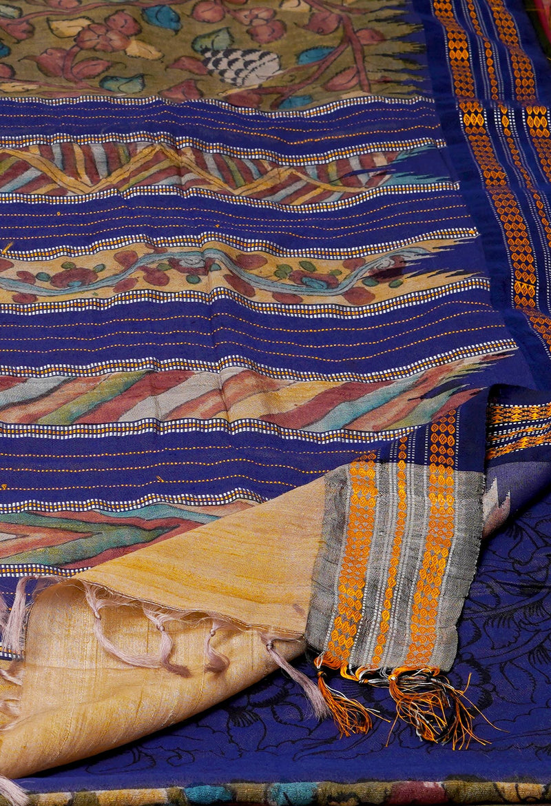 Green Pure Handloom Pen Kalamkari Painting Gicha Tussar Jute Saree-UNM72681