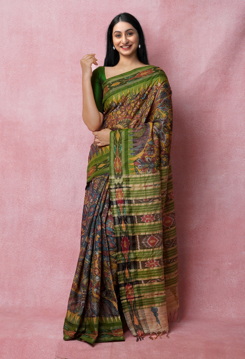 Blue-Cream Pure Handloom Pen Kalamkari Painting Gicha Tussar Jute Saree-UNM72685