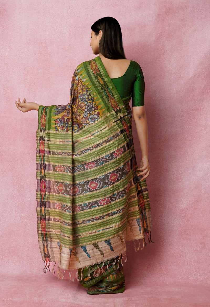 Blue-Cream Pure Handloom Pen Kalamkari Painting Gicha Tussar Jute Saree-UNM72685