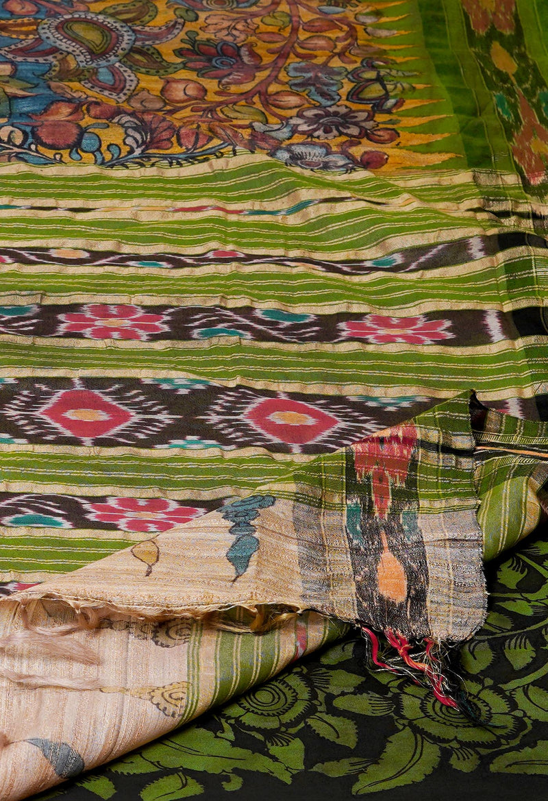 Blue-Cream Pure Handloom Pen Kalamkari Painting Gicha Tussar Jute Saree-UNM72685