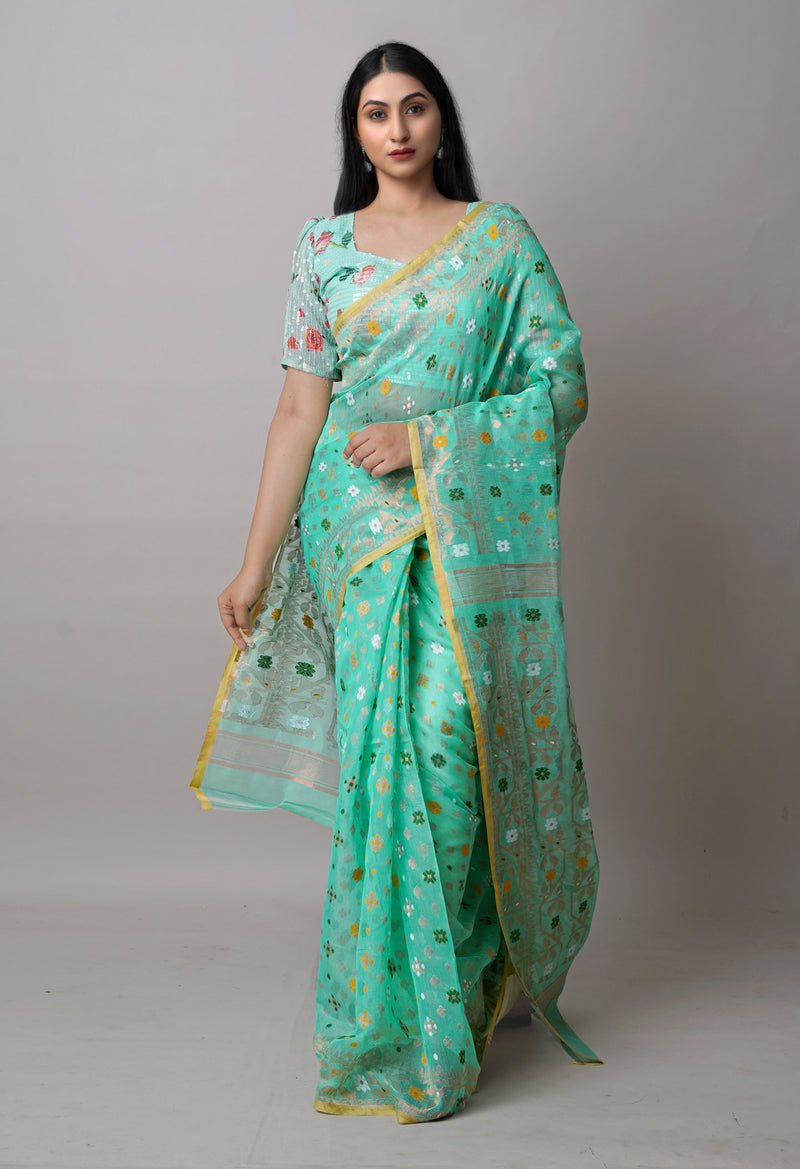 Light Green Pure Handloom Dhaka Jamdhani Bengal  Cotton Silk Saree-UNM72688