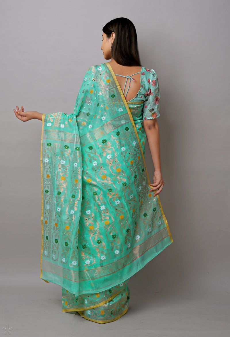 Light Green Pure Handloom Dhaka Jamdhani Bengal  Cotton Silk Saree-UNM72688