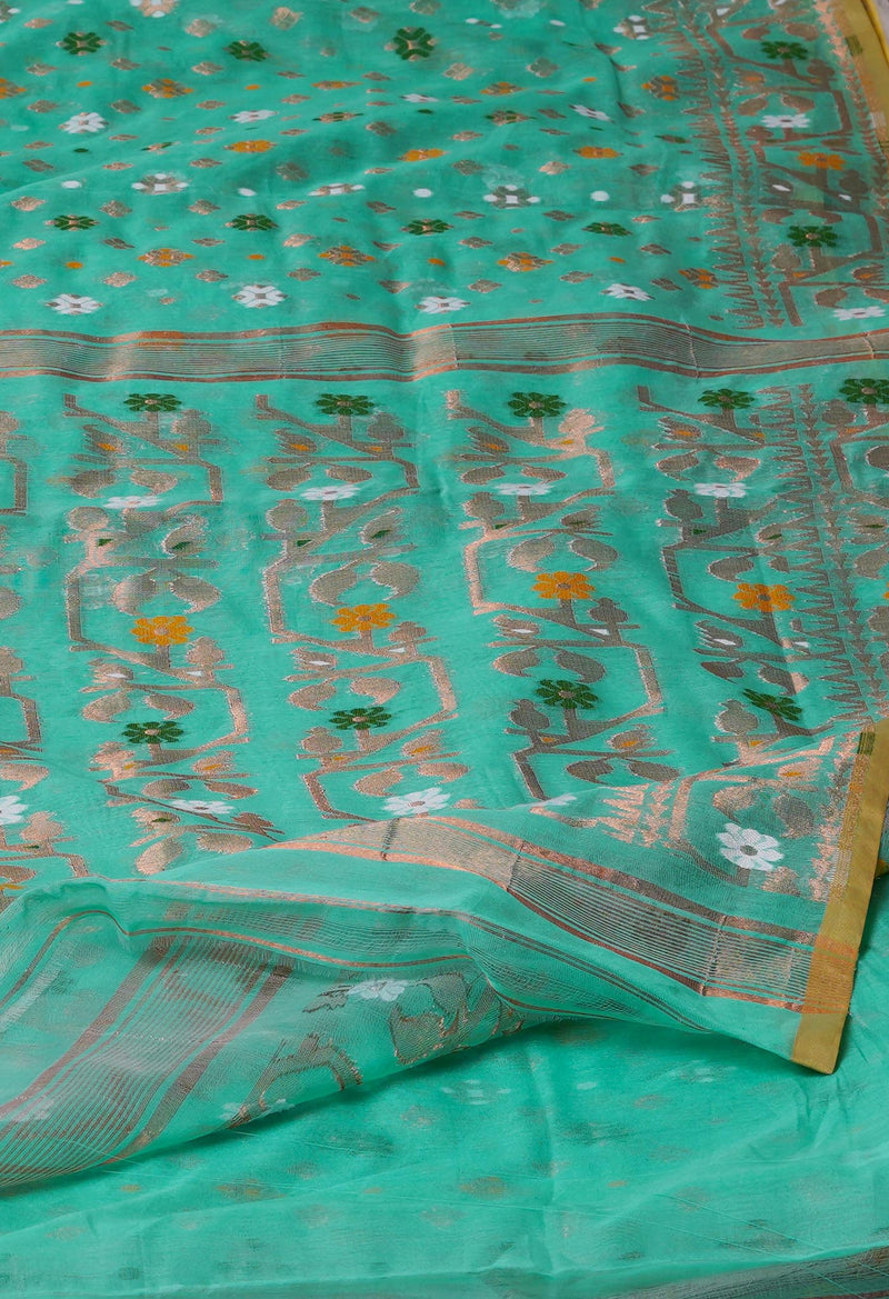 Light Green Pure Handloom Dhaka Jamdhani Bengal  Cotton Silk Saree-UNM72688