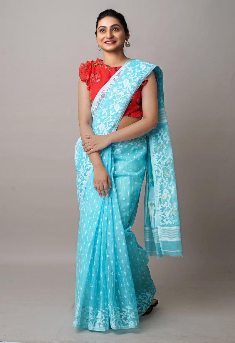 Light Blue Pure Handloom Dhaka Jamdhani Bengal  Cotton Silk Saree-UNM72687