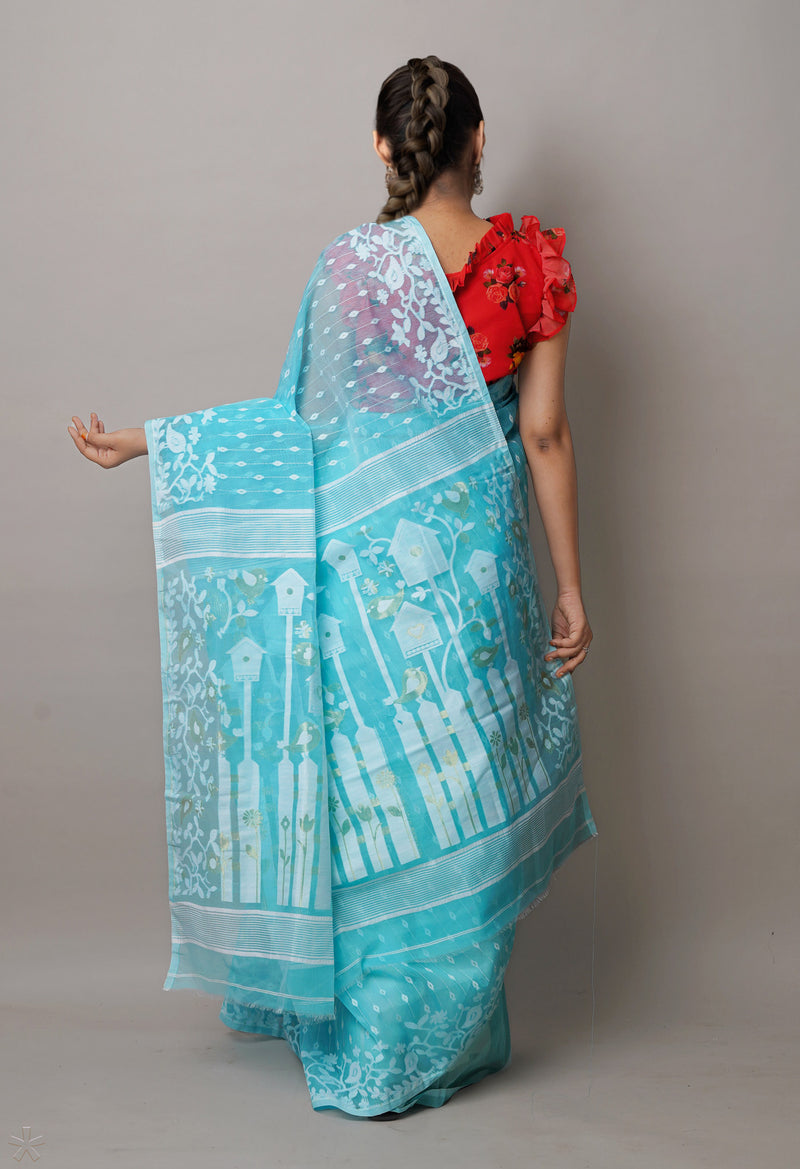 Light Blue Pure Handloom Dhaka Jamdhani Bengal  Cotton Silk Saree-UNM72687