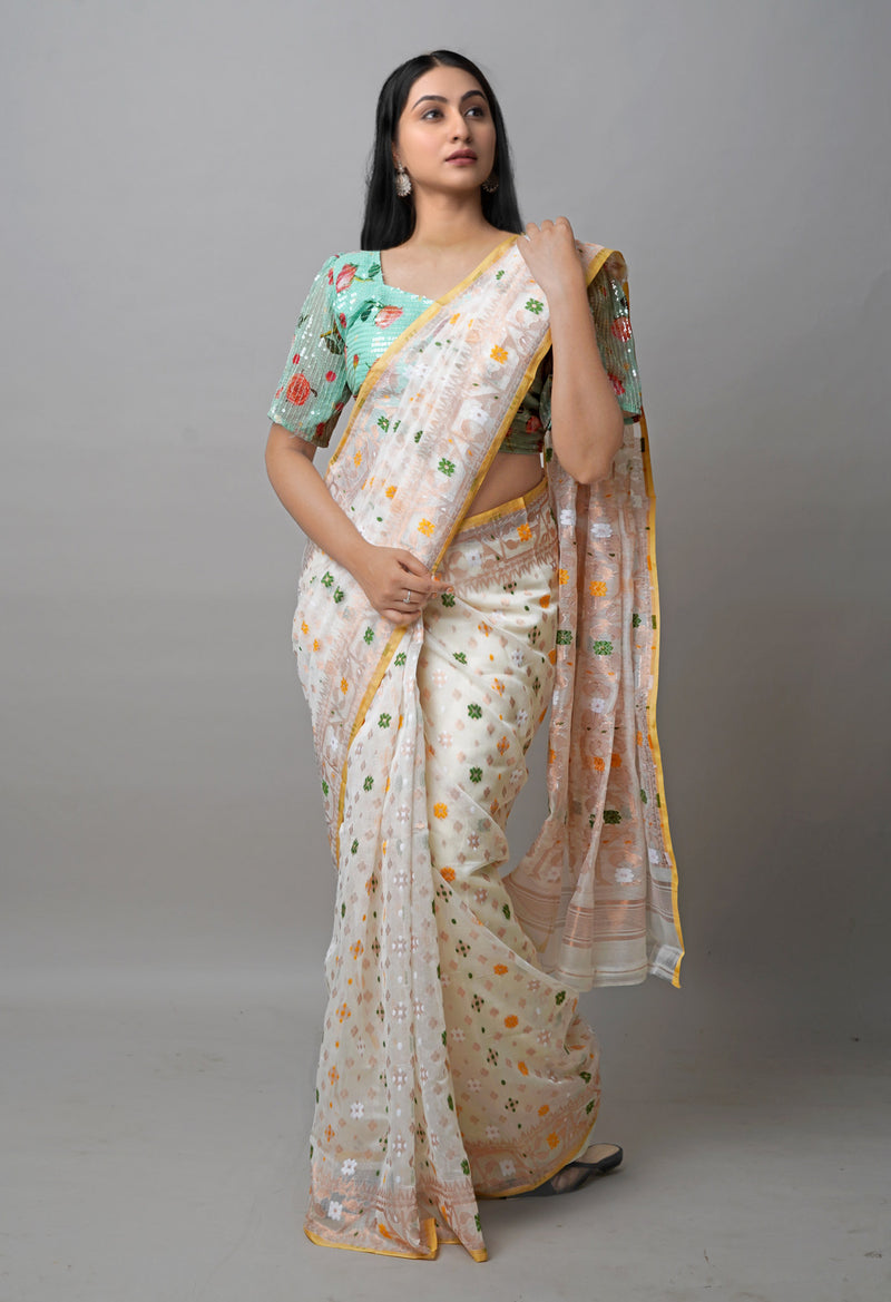 Off White Pure Handloom Dhaka Jamdhani Bengal  Cotton Silk Saree-UNM72689