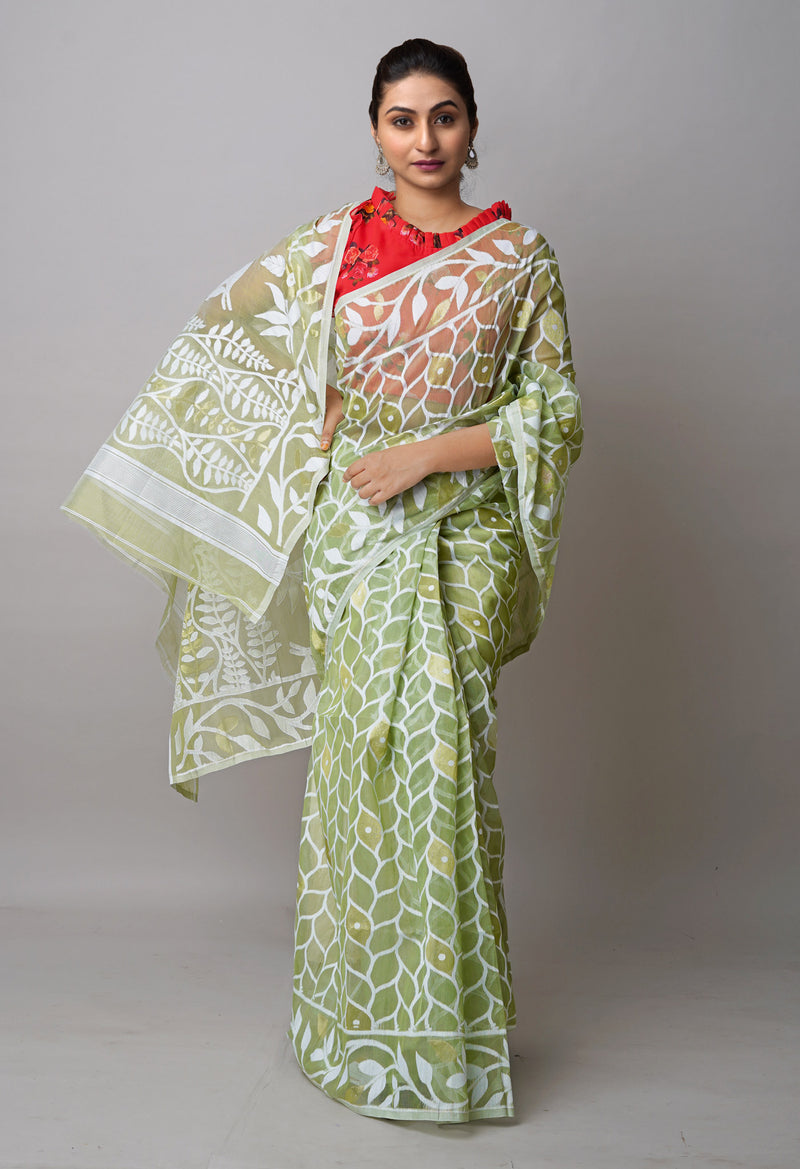Pale Green Pure Handloom Dhaka Jamdhani Bengal  Cotton Silk Saree-UNM72690
