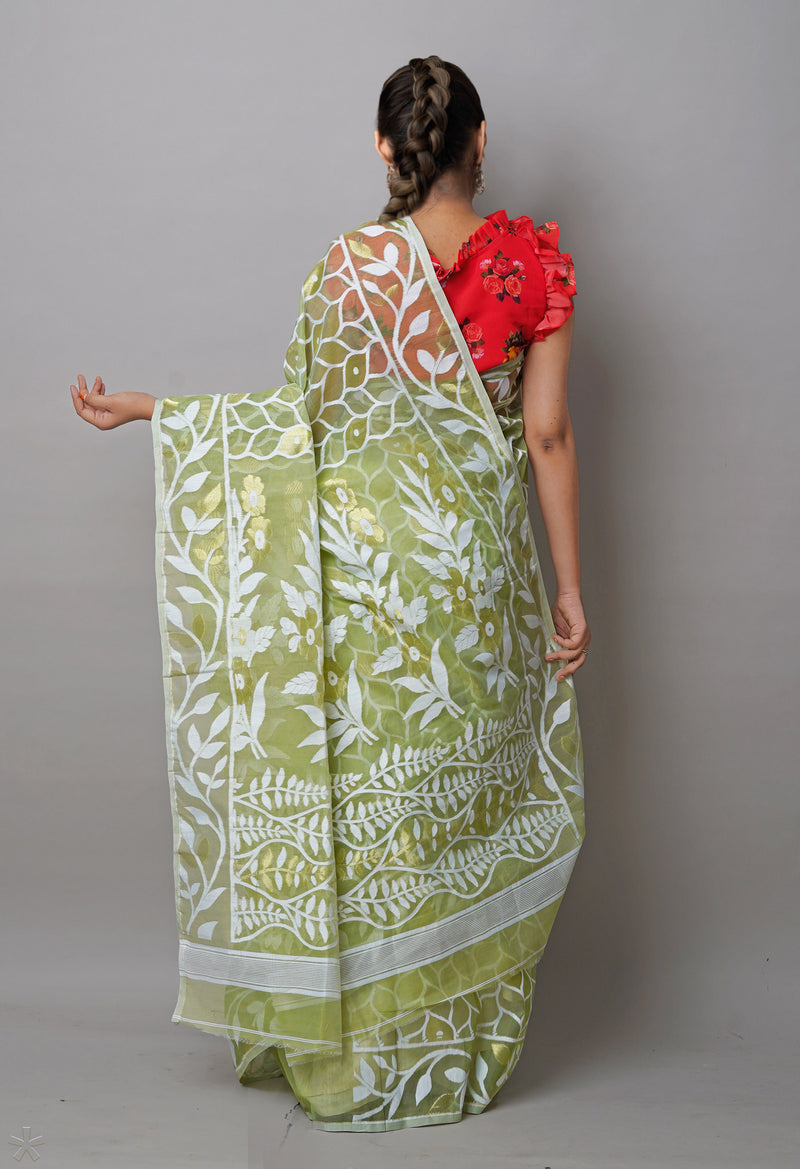 Pale Green Pure Handloom Dhaka Jamdhani Bengal  Cotton Silk Saree-UNM72690