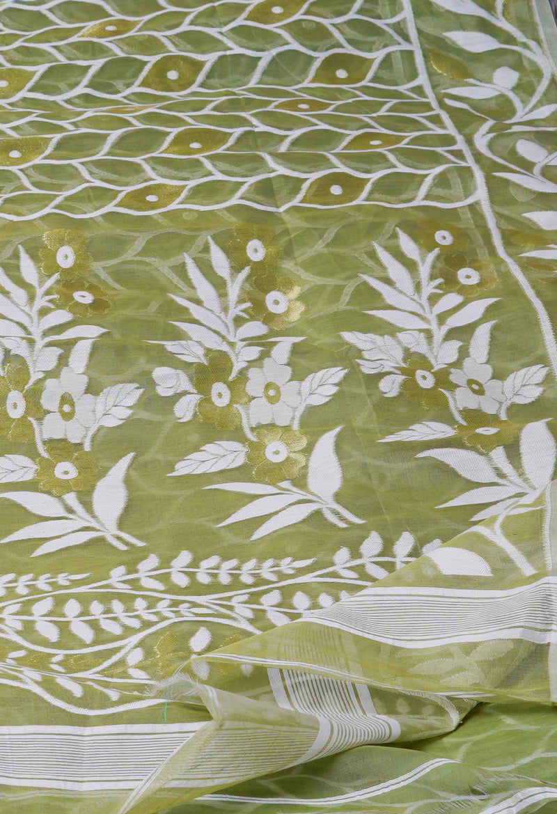 Pale Green Pure Handloom Dhaka Jamdhani Bengal  Cotton Silk Saree-UNM72690