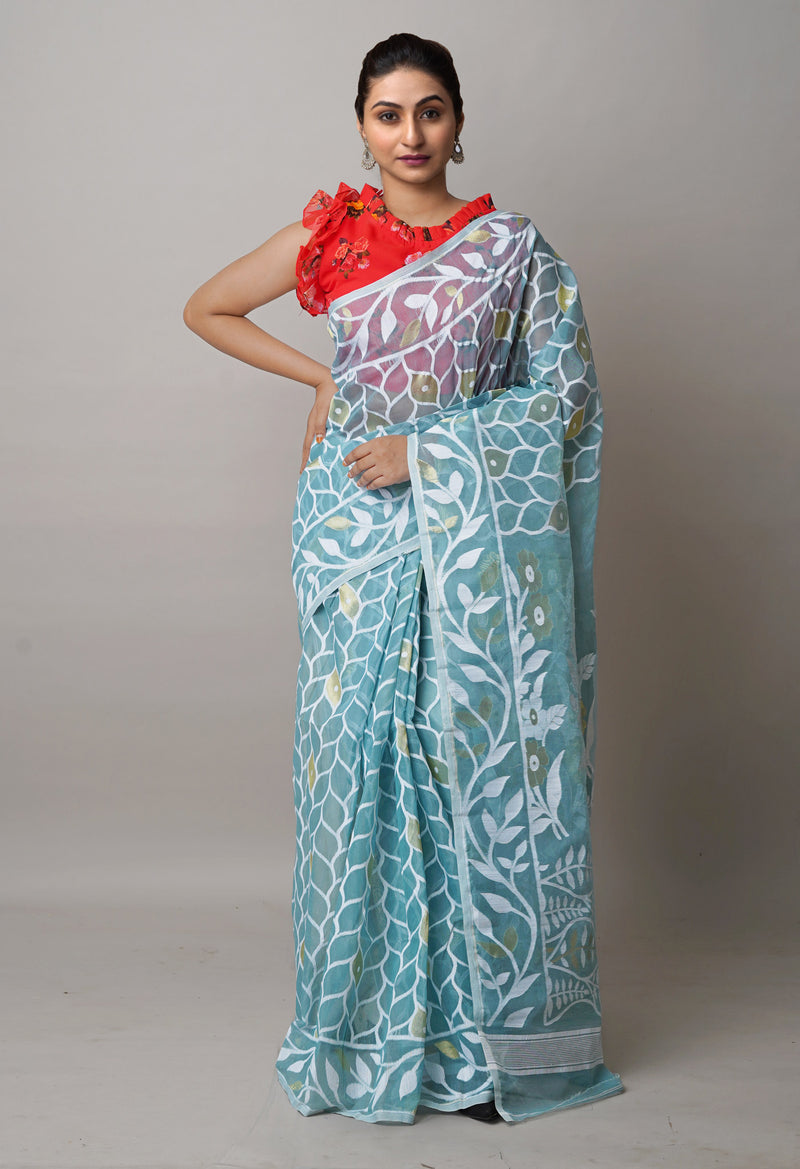 Eton Green Pure Handloom Dhaka Jamdhani Bengal  Cotton Silk Saree-UNM72691