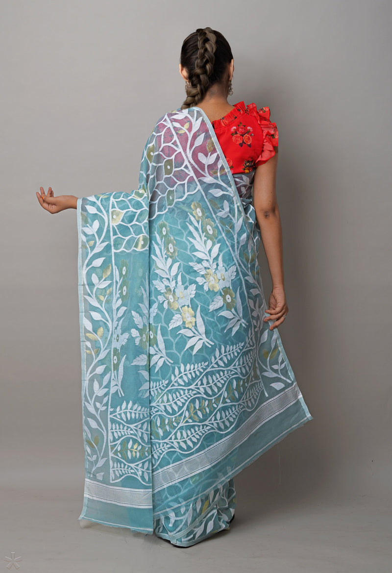 Eton Green Pure Handloom Dhaka Jamdhani Bengal  Cotton Silk Saree-UNM72691
