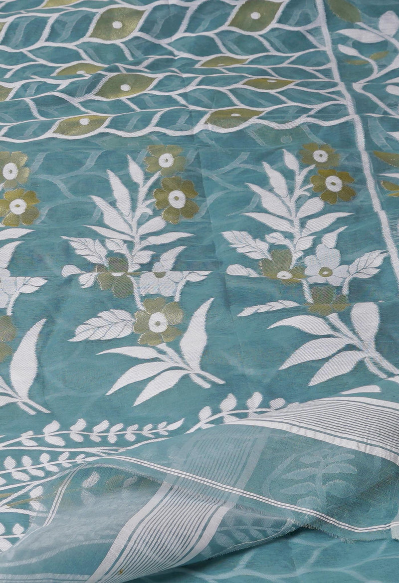 Eton Green Pure Handloom Dhaka Jamdhani Bengal  Cotton Silk Saree-UNM72691
