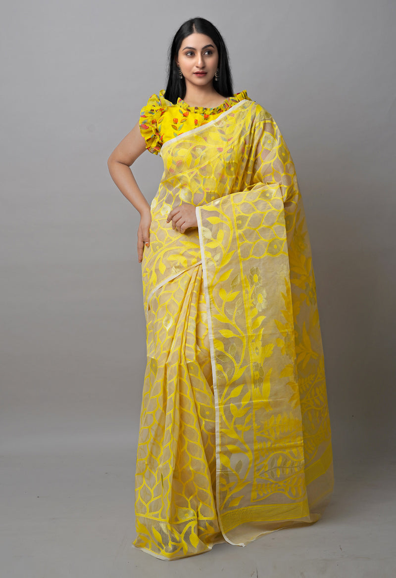Beige Pure Handloom Dhaka Jamdhani Bengal  Cotton Silk Saree-UNM72692